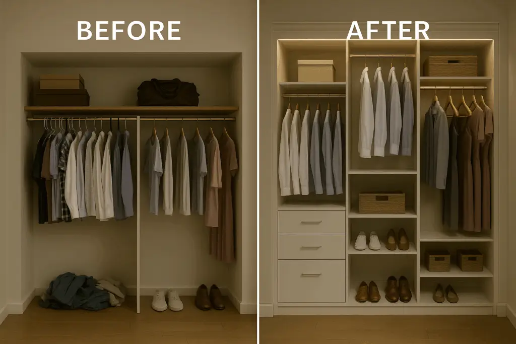 before and after installation of the closet organizers in the reach in closet