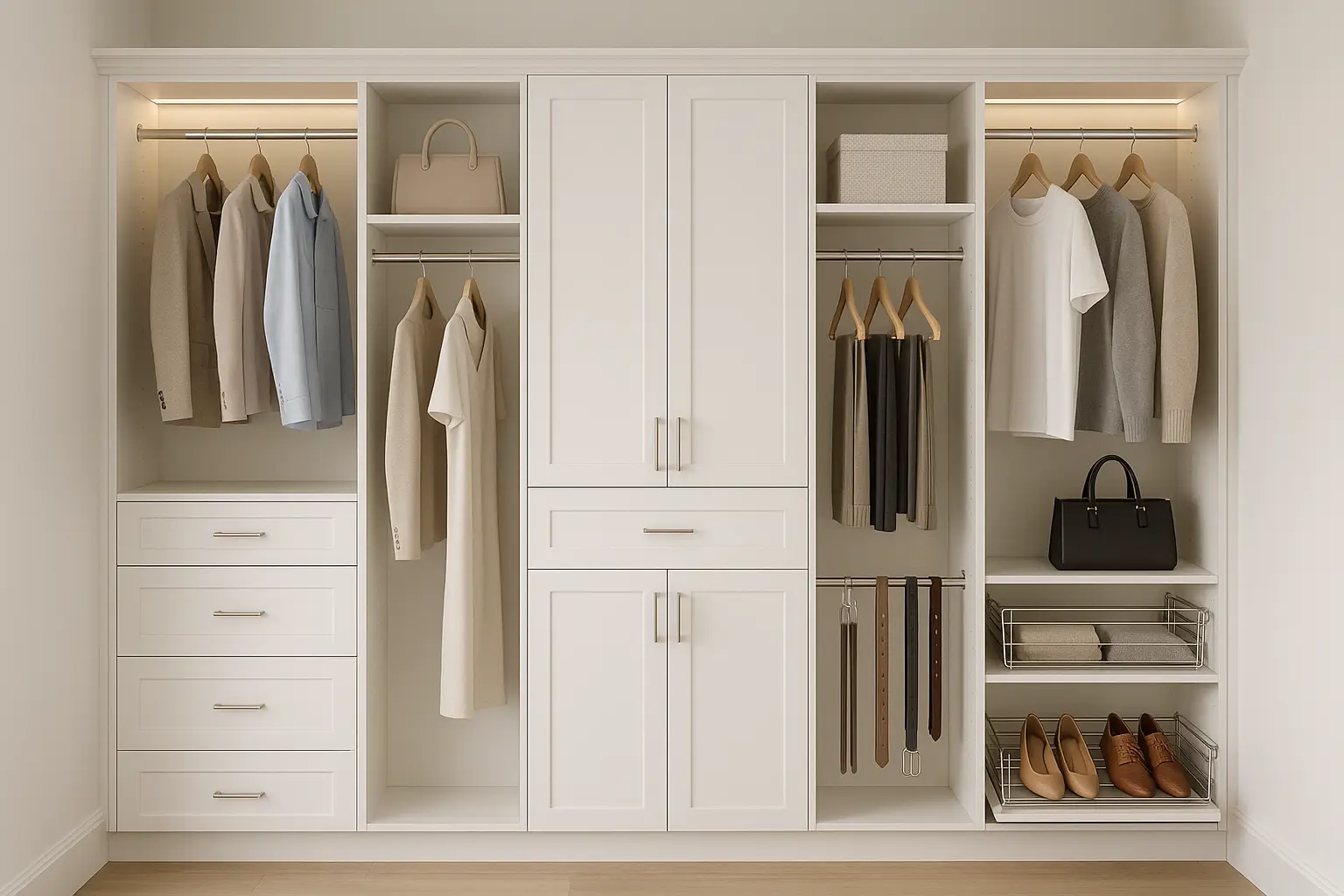 build in cabinet wall with various clothing items