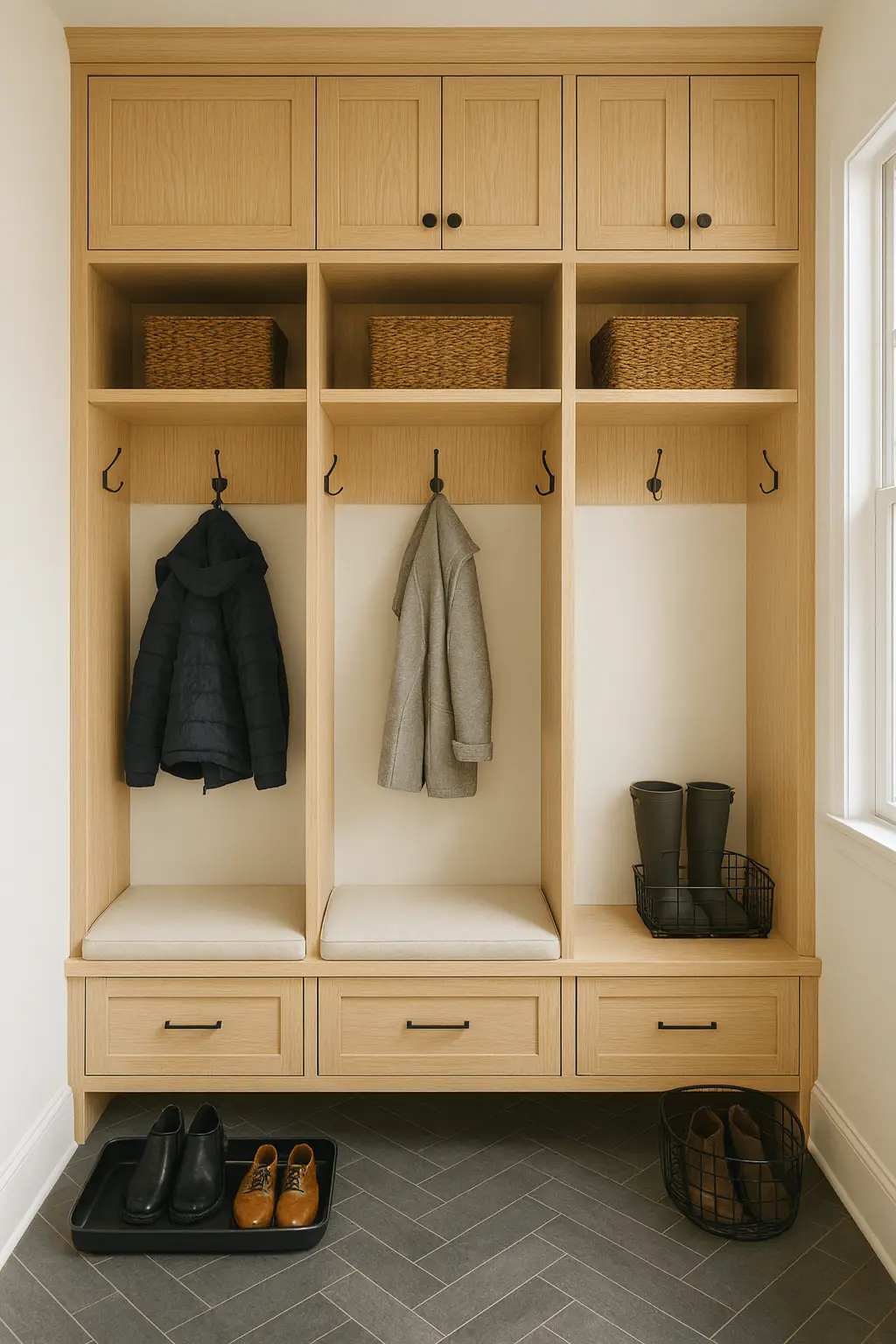 An elegant and organized mudroom with white built-in lockers.
