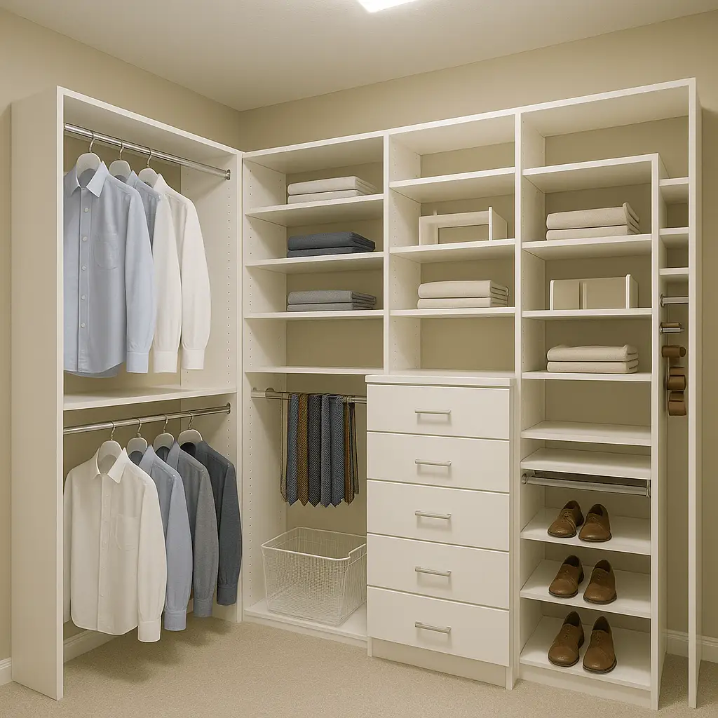 corner walk in closet with cabinet organizers in white colour with drawers