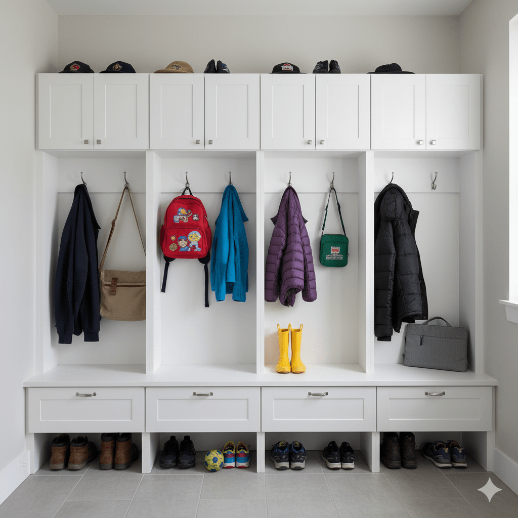 A family mudroom with four custom white lockers, a bench, and hooks for coats and bags