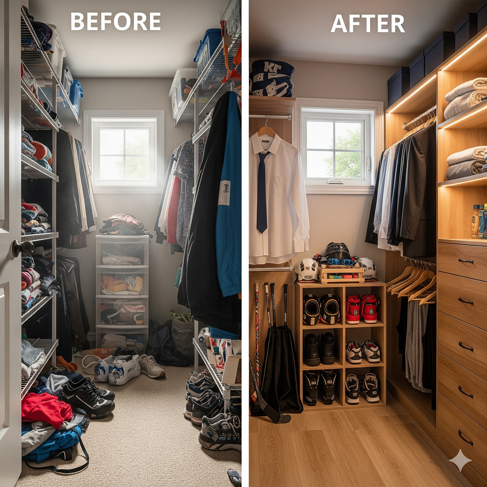 Bradford family walk-in closet transformation showing organized storage solution with professional RTA system by ArrangeWise