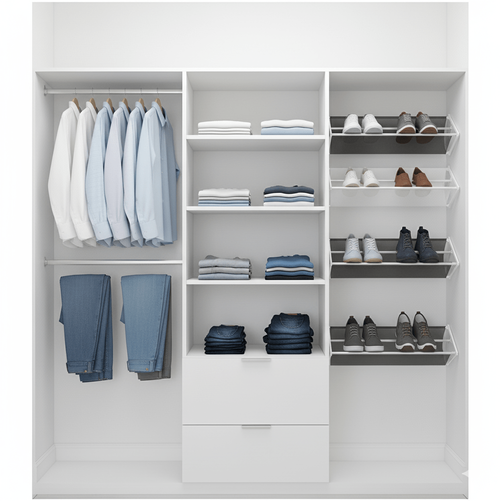 A perfectly organized and efficient reach-in closet system in an Aurora family home