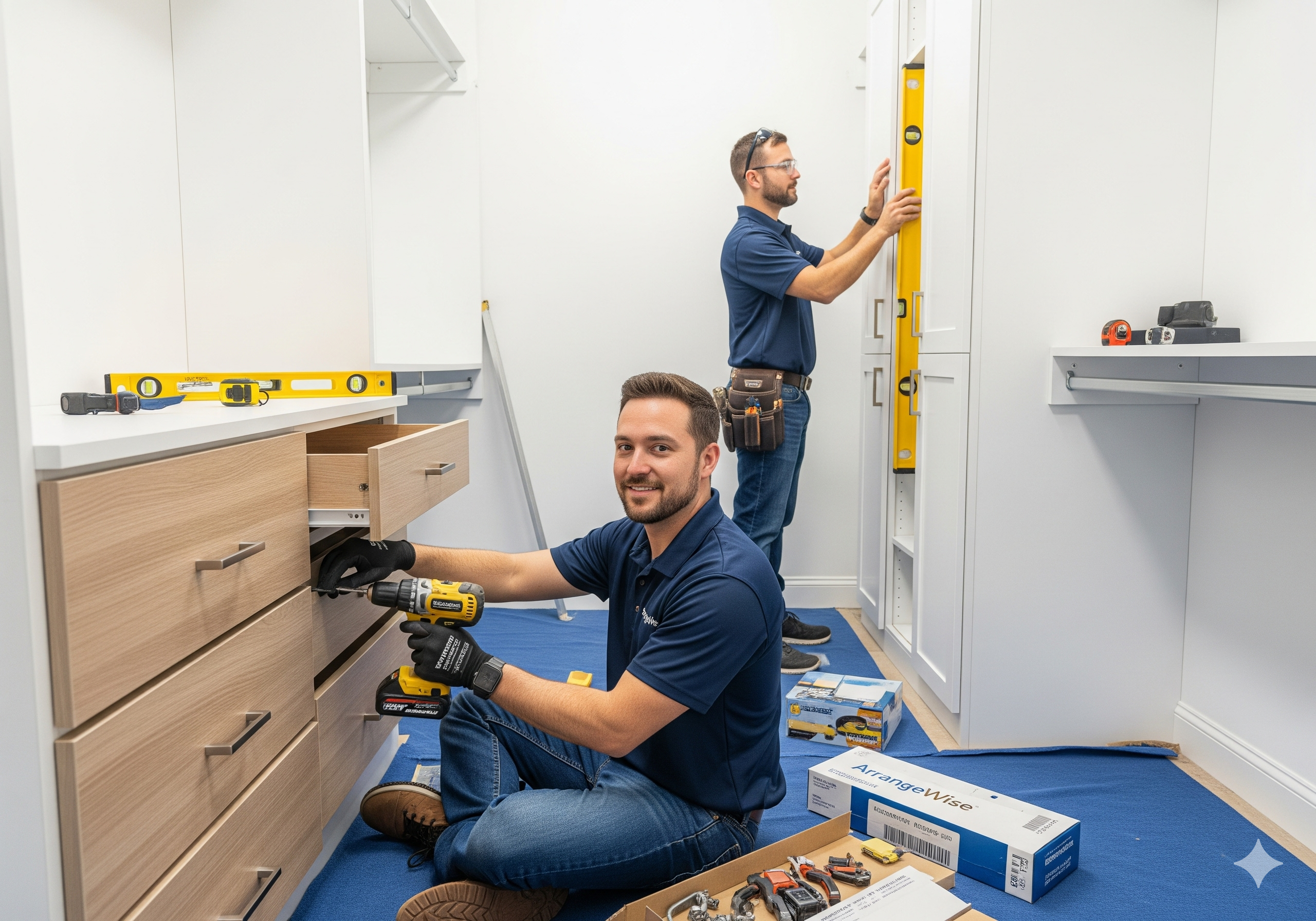 Professional closet installation team installing custom RTA storage system in Bradford family home