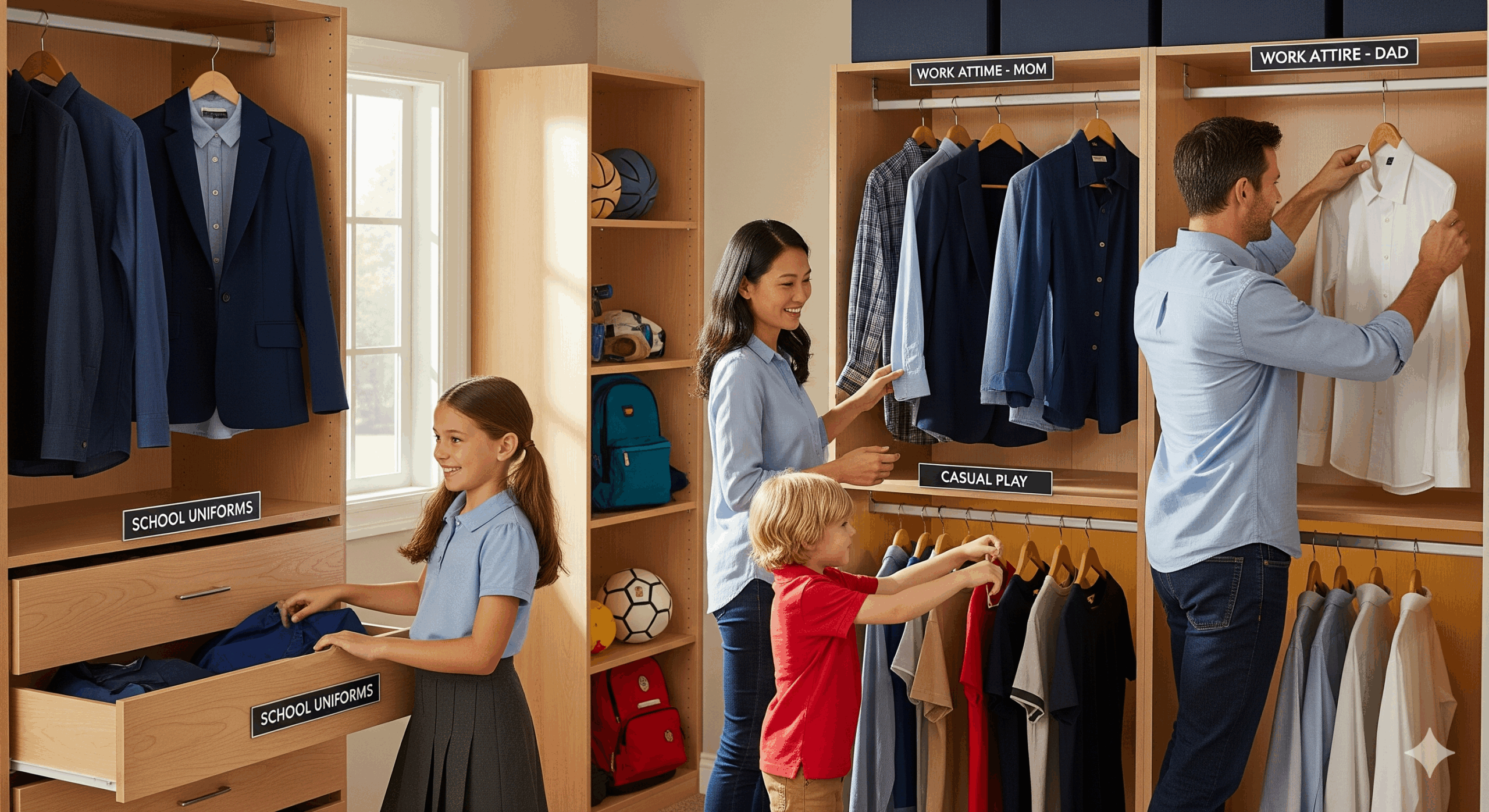 Bradford family enjoying organized morning routine with custom closet storage solutions by ArrangeWise