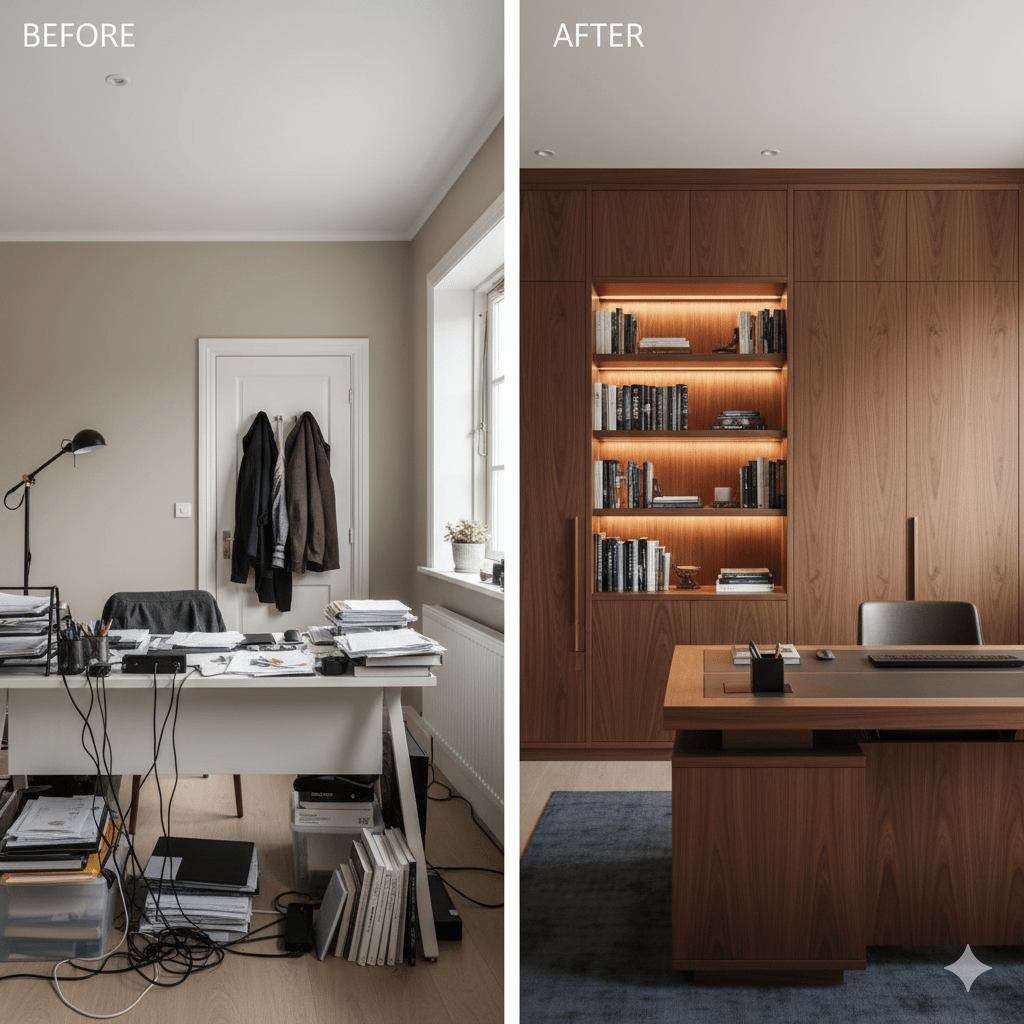 Aurora executive home office transformation showing professional storage solution with integrated closet system by ArrangeWise