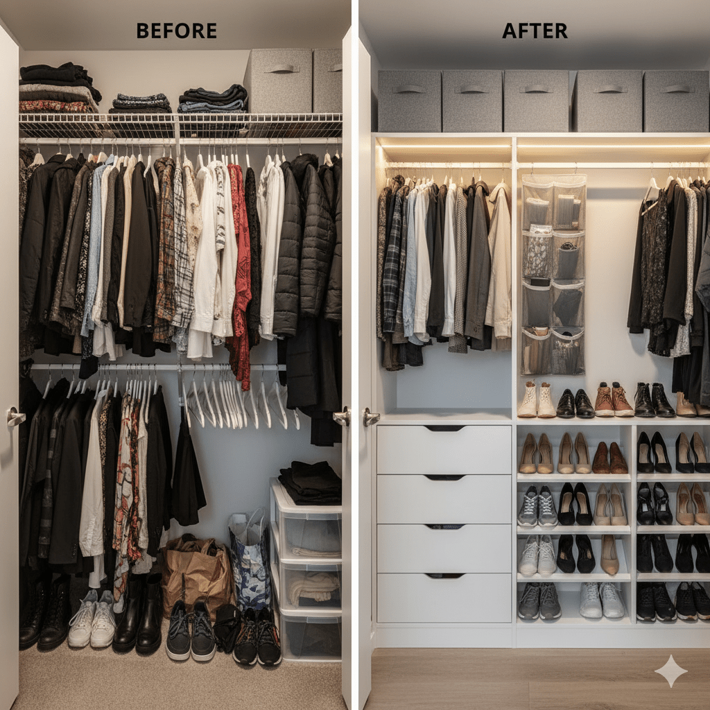 Markham condo small closet transformation showing space maximization with vertical storage solutions by ArrangeWise