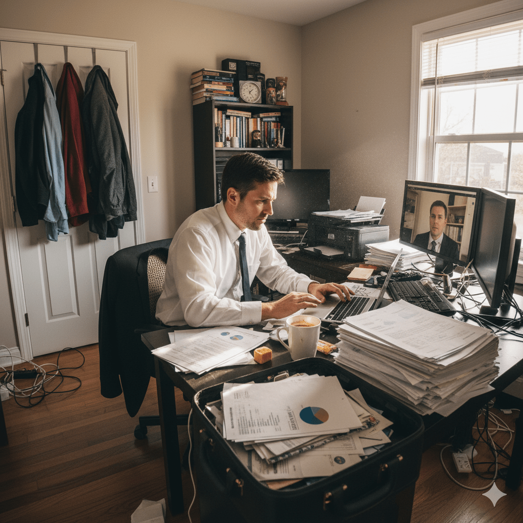 Aurora executive home office showing unprofessional background and storage challenges for video calls
