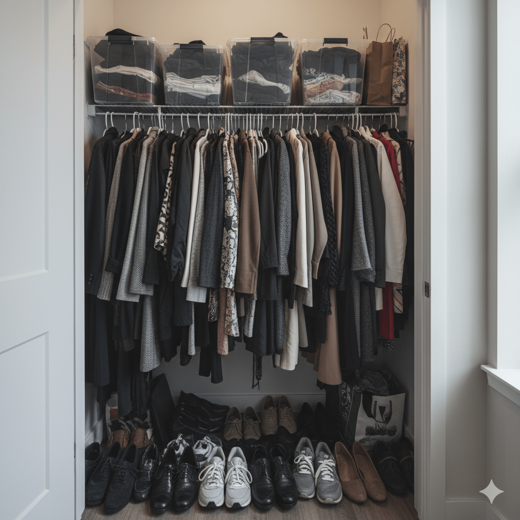 Markham condo small closet showing overcrowded storage and organization challenges for professional wardrobe