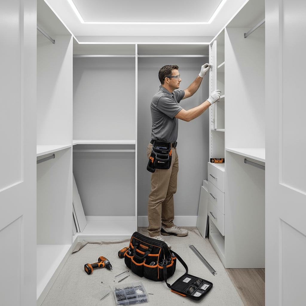 Professional installation team working efficiently in small Markham condo closet space