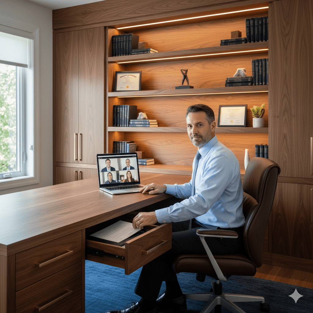 Aurora executive using transformed home office with professional video backdrop and integrated storage solutions by ArrangeWise