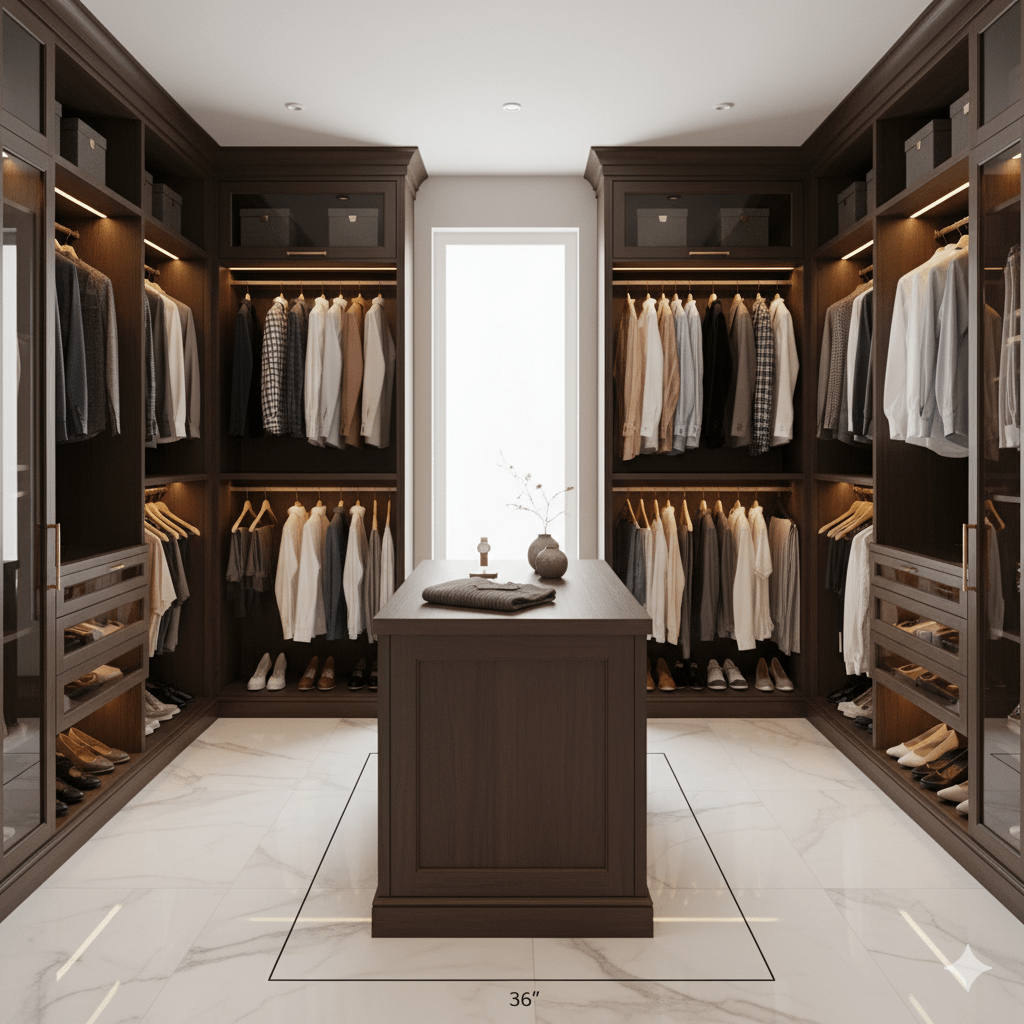 Elegant walk-in closet with organized clothing