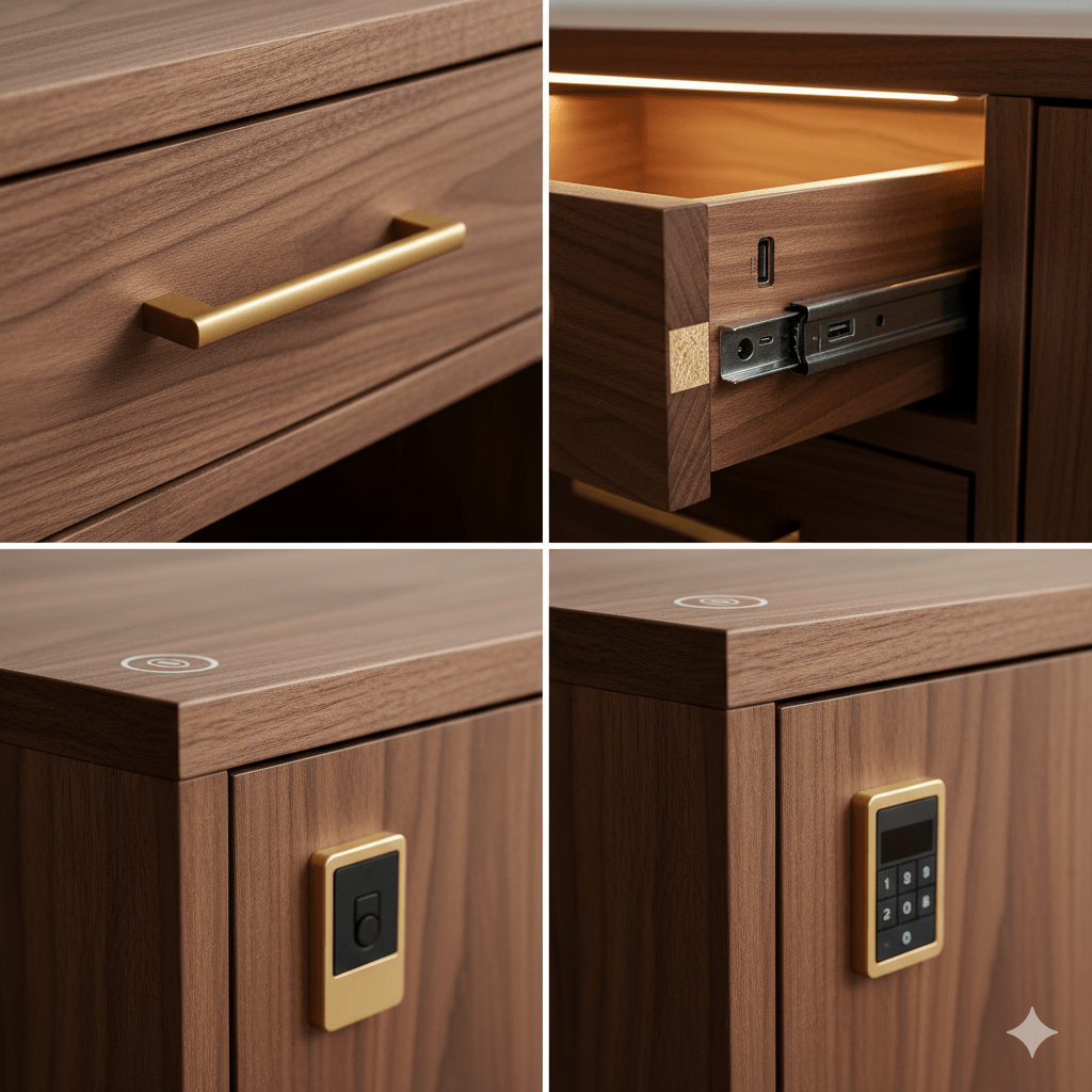 Premium executive office hardware and craftsmanship details showing luxury storage solutions and technology integration