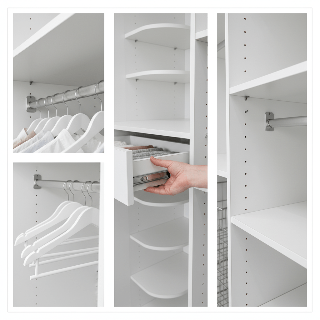 Close-up details of space-saving hardware and vertical storage solutions in small condo closet
