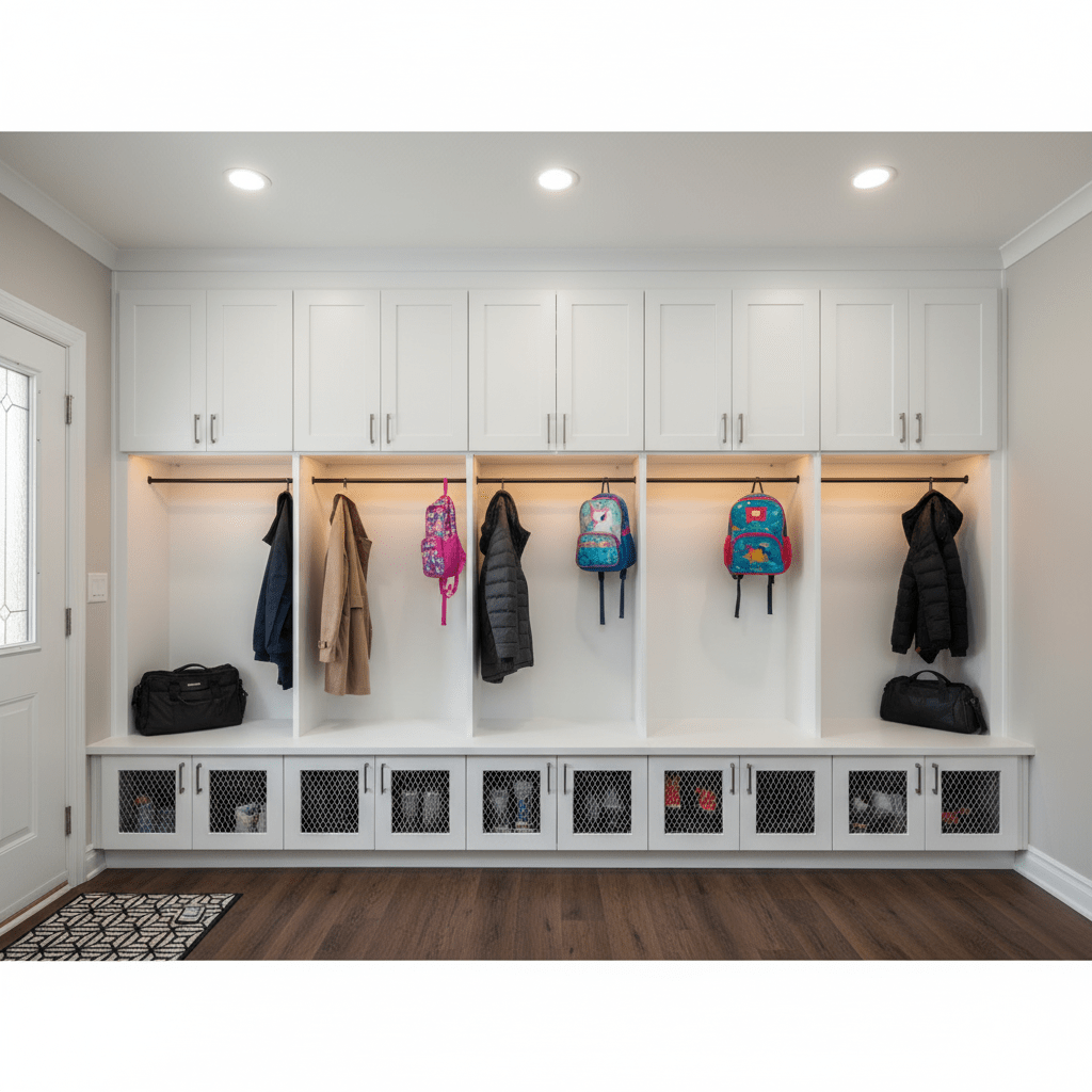 A family mudroom with five personalized locker sections.