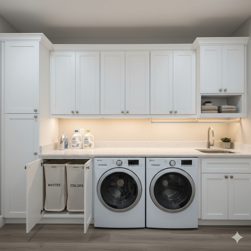 A spacious and organized walk-in pantry with custom shelving.