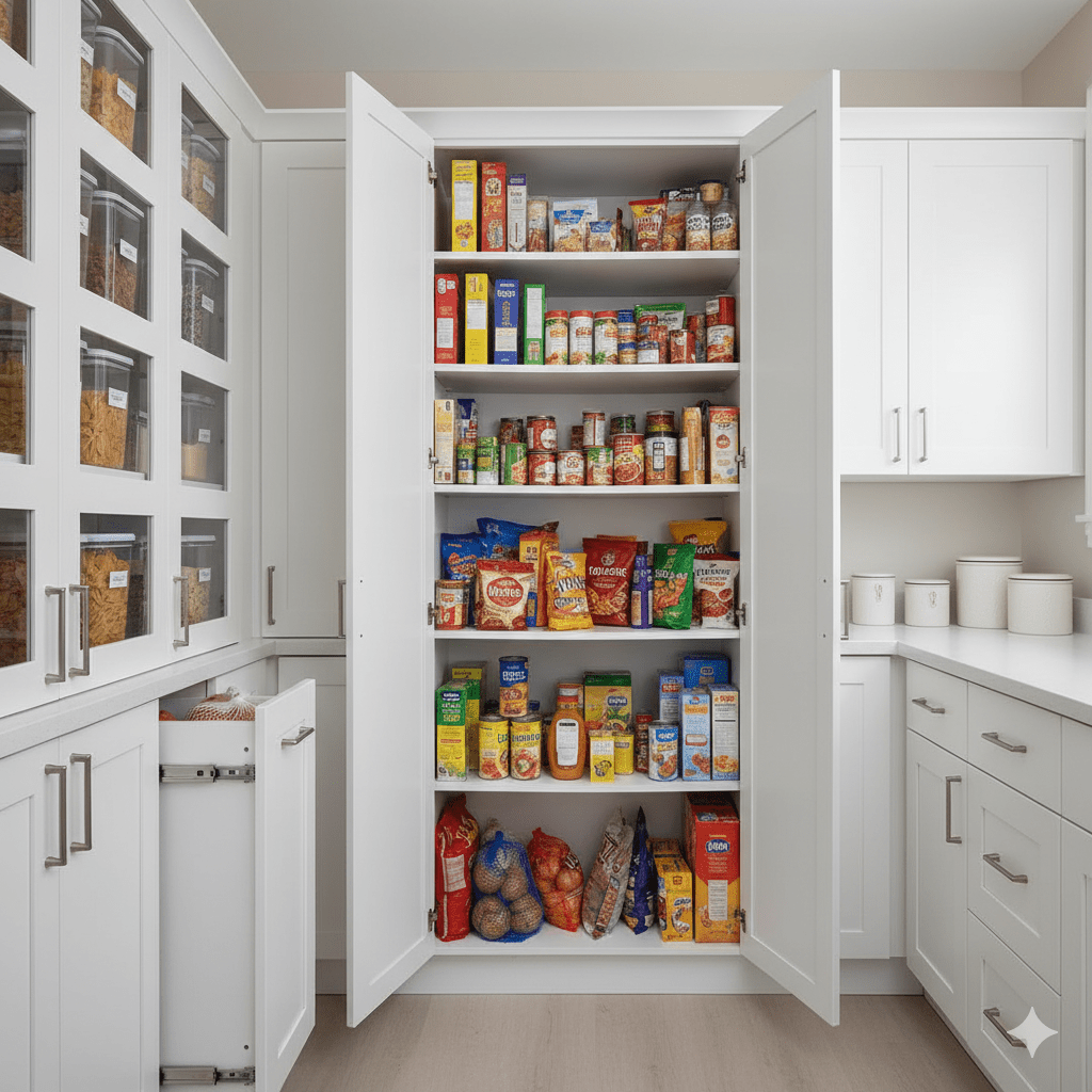 A spacious and organized walk-in pantry with custom shelving.