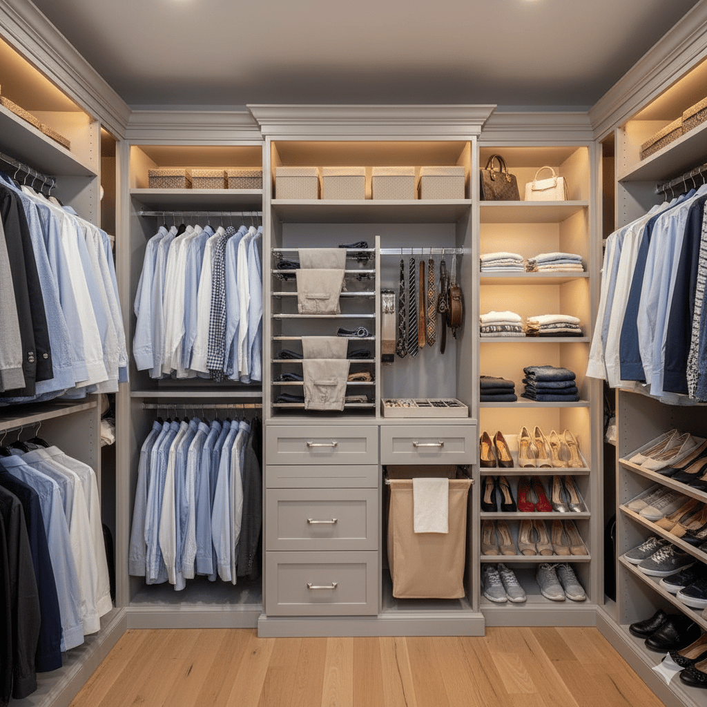 A perfectly organized reach-in closet with double hanging rods and shelving.