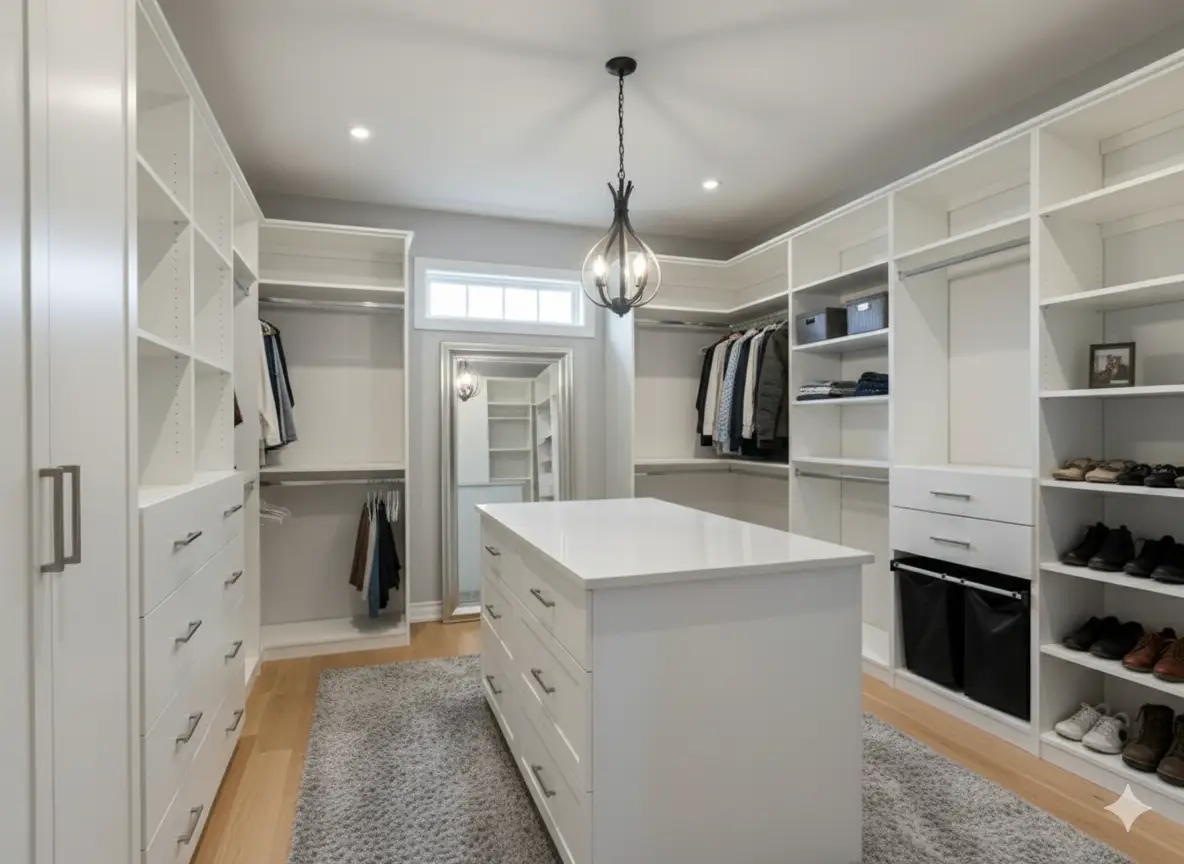 A sophisticated and organized walk-in closet in an Aurora home